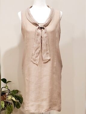 Stella Martini Italy 100% Linen Tan Sleeveless Shift Dress, Small, EUC
